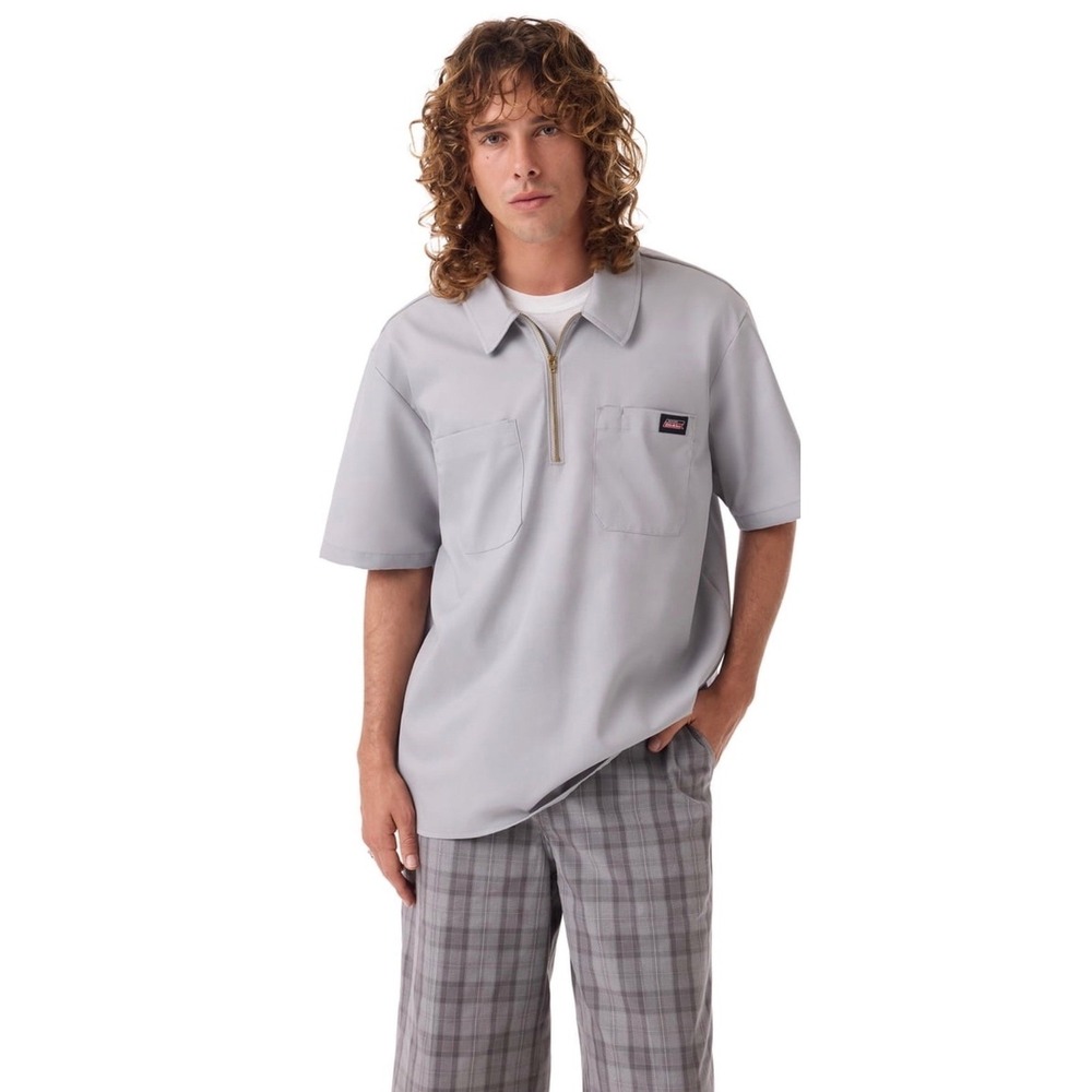Genuine Dickies Mens 1/4 Zip Short Sleeve Workwear Shirt Gray Large New